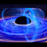 Artists conception of matter swirling around a black hole, both in the accretion disk and captured by the magnetic field.