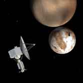 Artist Rendition of Pluto, its moon Charon and spacecraft.