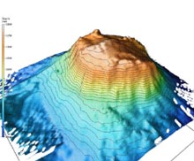 A multibeam swath bathymetric image of Bear Seamount produced on the OE sponsored Deep East mission in 2001. 