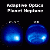 Image of the Keck observatory with a laser shining. Image of the planet Neptune without and with the adaptive optics correction.