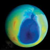 The second largest ozone hole ever observed is seen above Antarctica in this image from September 2003.