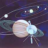 Saturn Voyager Mission Artwork depicts the spacecraft's path on its journey to Saturn as it passes above the orbits of Mercury, Venus, Earth, Mars, and around Jupiter